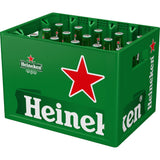 Eine grüne Kiste mit 20 Flaschen (je 0,4 l) Heineken Original Pale Lager (Mehrweg) der Marke Heineken, alle mit dem ikonischen roten Stern.