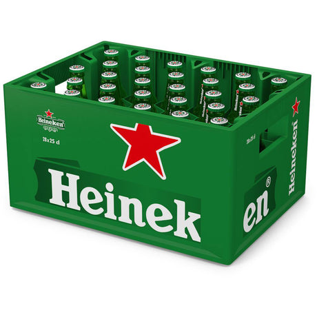 Eine grüne Kiste mit 28 Flaschen Heineken Pilsener 0,25 l (MEHRWEG) mit dem kultigen Heineken-Logo und dem roten Stern - perfekt, um den klassischen Heineken-Geschmack zu genießen.