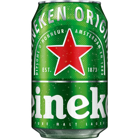 Grüne Heineken Original Pilsener Dose 0,33L mit rotem Stern und weißem Text, der einen Teil des Heineken Markennamens und des Kondensationsklassikers Pilsener Erfrischung zeigt. Verkauft als 24x 0,33 Liter (EINWEG).