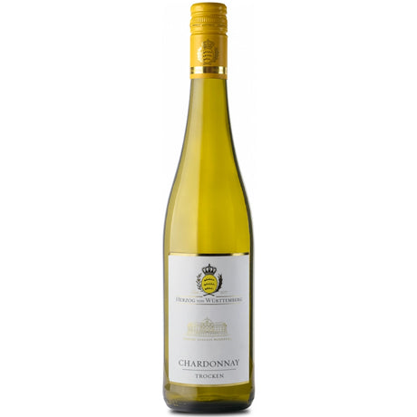 Eine Flasche Herzog von Württemberg Schloss Monrepos Chardonnay VDP.Gutswein trocken 2025, ein Weißwein mit gelbem Verschluss und Etikett, klassifiziert als VDP.Gutswein trocken vom renommierten Weingut Herzog von Württemberg in der bekannten Region Württemberg.