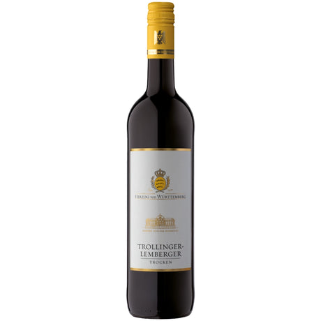 Eine Flasche „Herzog von Württemberg Schloss Monrepos Trollinger-Lemberger VDP.Gutswein trocken“, ein bemerkenswerter württembergischer Rotwein mit weißem Etikett und gelbem Verschluss.