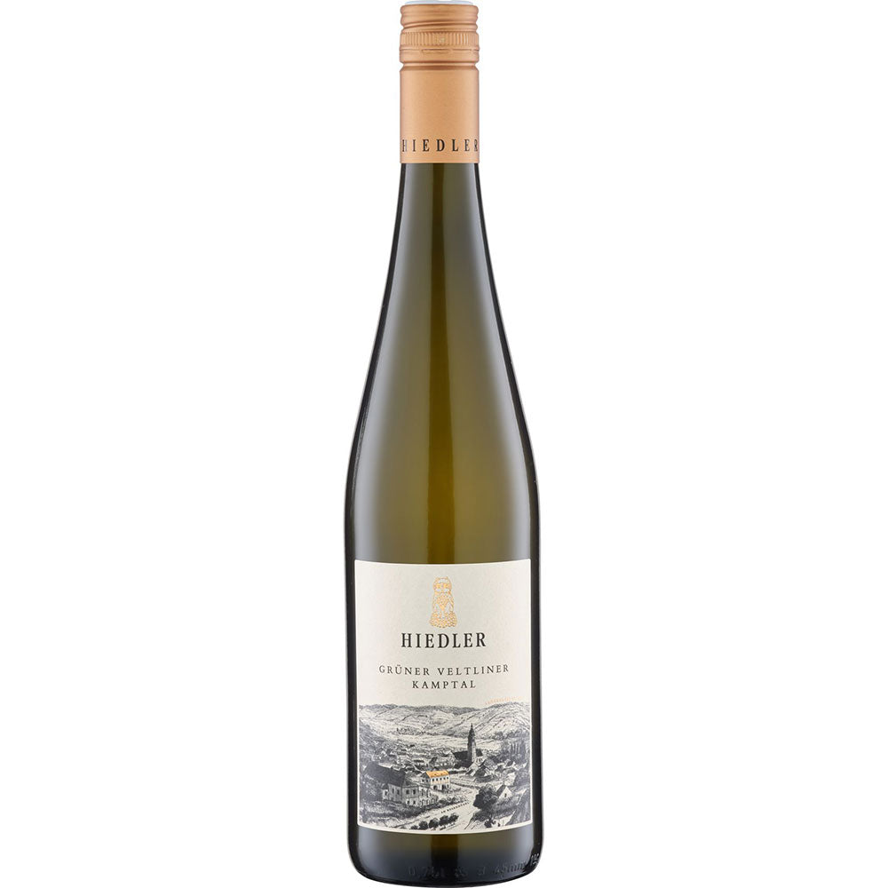 Eine Flasche Hiedler Grüner Veltliner Am Rosenhügel trocken 2023 Weißwein mit einem goldenen Schraubverschluss.
