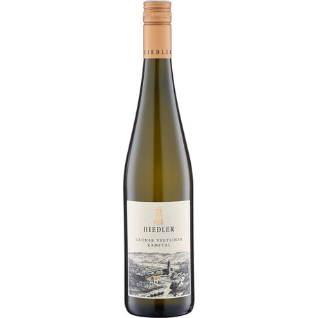 Eine Flasche Hiedler Grüner Veltliner Am Rosenhügel trocken 2023 Weißwein mit einem goldenen Schraubverschluss.