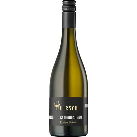 Eine Flasche Christian Hirsch Grauburgunder Edition Junior trocken 2023 steht vor einem schlichten weißen Hintergrund.