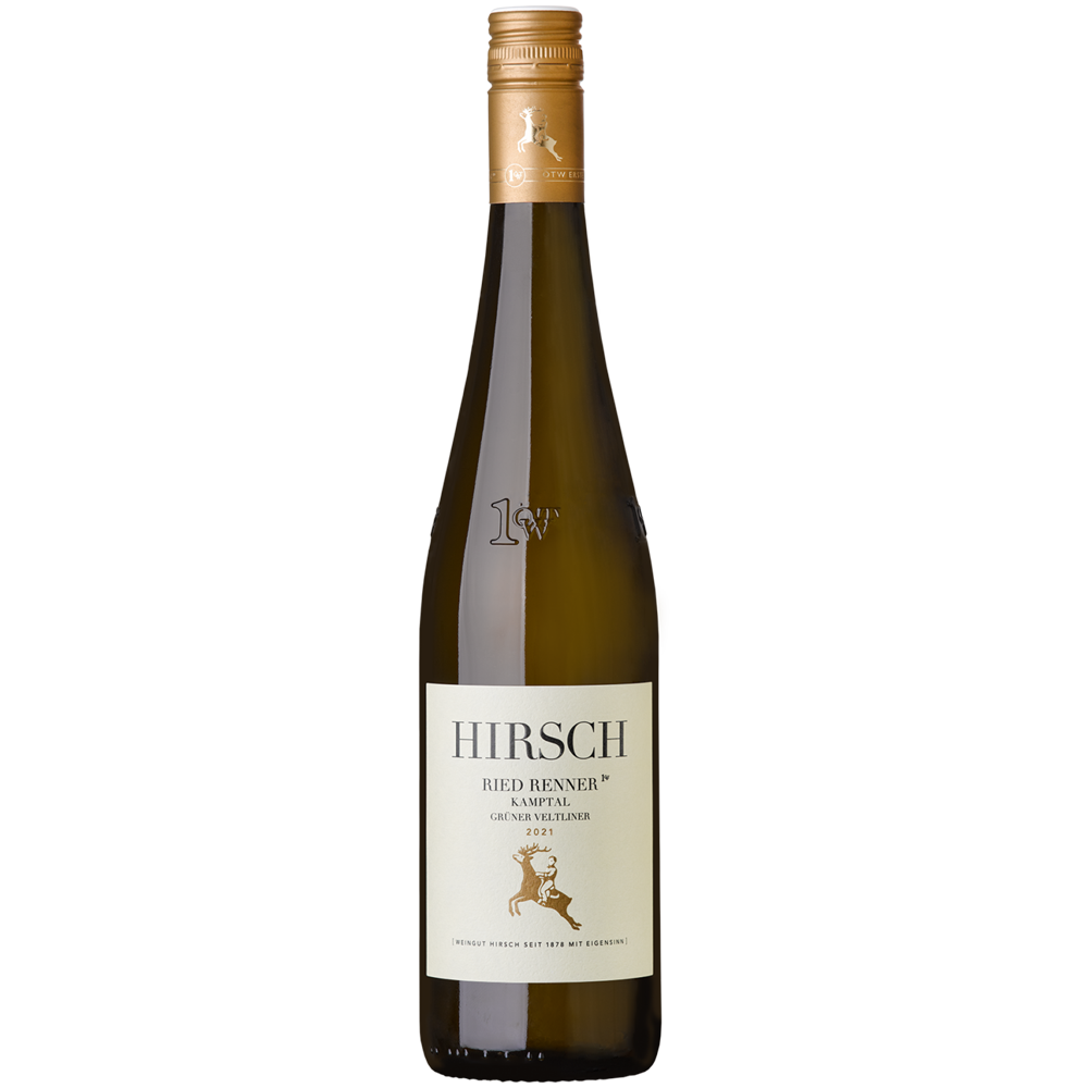 Eine Flasche Weißwein „Weingut Hirsch Grüner Veltliner Ried Renner 1ÖTW Kamptal DAC 2021“ mit beigem Etikett und goldener Kappe, gekeltert in der renommierten DAC-Region Kamptal. Dieser erlesene Wein verkörpert die herausragende Qualität, für die die Ried-Renner-Lagen von Hirsch bekannt sind.