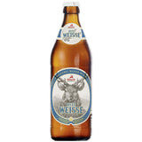 Braune Flasche Hirsch Brauerei's Hirsch Hefe Weisse 20x 0,5 Liter (MEHRWEG), ein klassisches Weizenbier mit einem Hirschkopf-Etikett und blauen Akzenten.