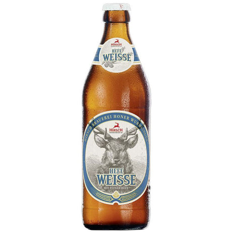 Braune Flasche Hirsch Brauerei's Hirsch Hefe Weisse 20x 0,5 Liter (MEHRWEG), ein klassisches Weizenbier mit einem Hirschkopf-Etikett und blauen Akzenten.