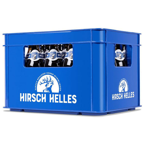 Blauer Kasten mit Hirsch Brauerei Branding, gefüllt mit Hirsch Helles 20x 0,5 Liter (MEHRWEG) - klassisches deutsches Lagerbier, durch die seitlichen Öffnungen sichtbar und genussfertig.