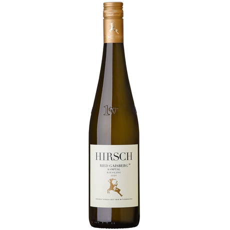Eine hohe Flasche „Weingut Hirsch Riesling Ried Gaisberg 1ÖTW Kamptal DAC 2021“ mit beigem Etikett und goldenem Verschluss, aus der renommierten Lage Gaisberg im Kamptal.
