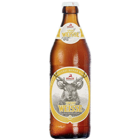 Eine gekühlte Hirsch Sport Weisse 20x 0,5 Liter (MEHRWEG) der Hirsch Brauerei ist eine erfrischende Weissbierspezialität mit einem markanten Hirschkopfmotiv auf dem Etikett.