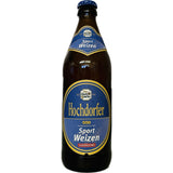 Eine braune Flasche Hochdorfer Kronenbrauerei Sportweizen Alkoholfrei 0,5L (Mehrweg) mit blauen und gelben Etiketten.