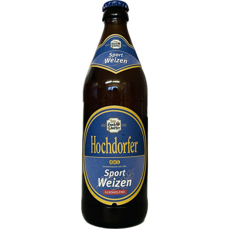 Eine braune Flasche Hochdorfer Kronenbrauerei Sportweizen Alkoholfrei 0,5L (Mehrweg) mit blauen und gelben Etiketten.