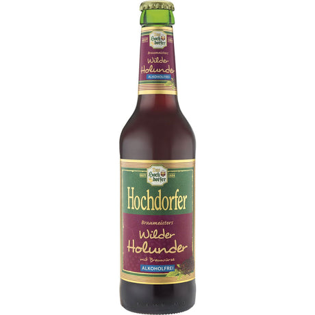 Eine Flasche Hochdorfer Kronenbrauerei Hochdorfer WilderHolunder 0,33L (Mehrweg) mit einem lila-grünen Etikett.