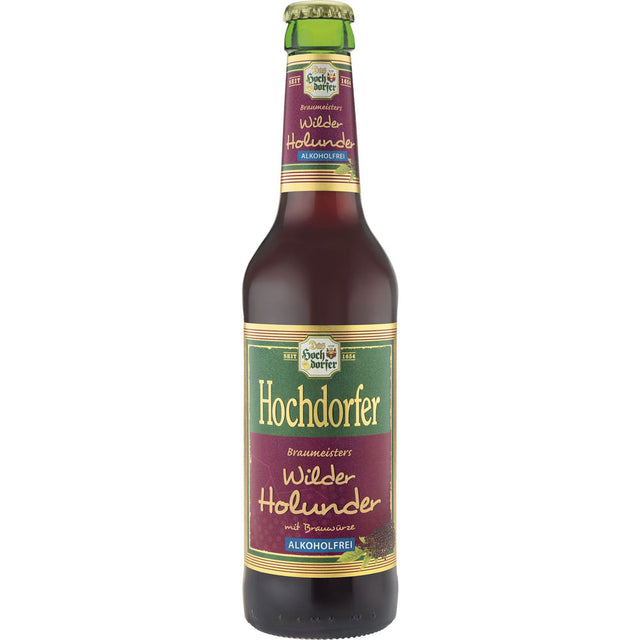 Eine Flasche Hochdorfer Kronenbrauerei Hochdorfer WilderHolunder 0,33L (Mehrweg) mit einem lila-grünen Etikett.