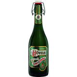 Eine Hövels Original Bügel 12x 0,5 Liter (MEHRWEG) grüne Flasche von Hövels mit Dortmunder Braukunst mit Bügelverschluss und Kondenswassertropfen für ein erfrischendes Aussehen.
