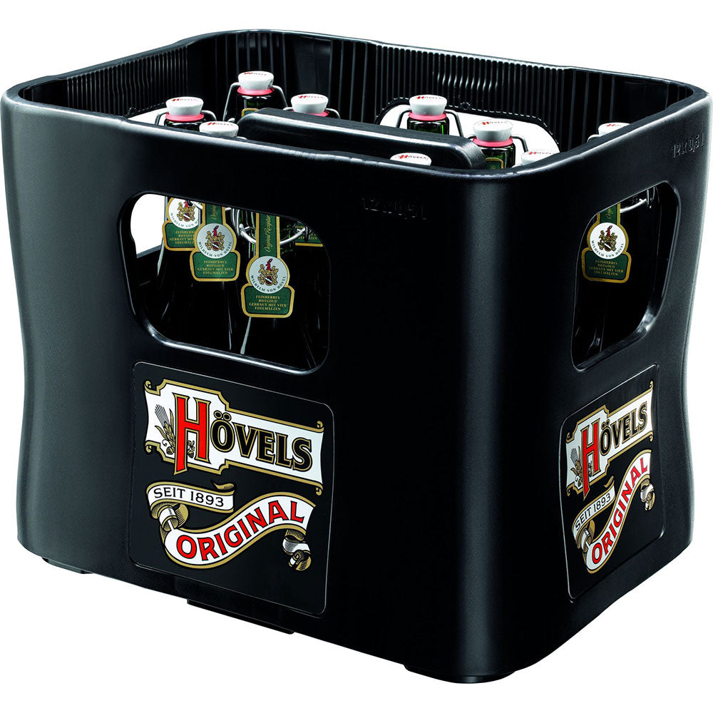 Ein schwarzer Kasten Hövels Original Bügel 12x 0,5L (MEHRWEG) Flaschen mit rot-goldenem Branding unterstreicht die klassische Dortmunder Brautradition.