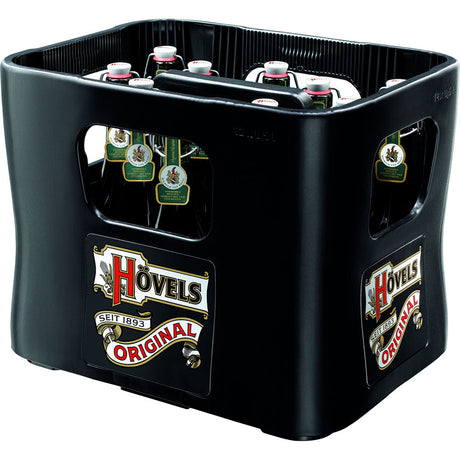 Ein schwarzer Kasten Hövels Original Bügel 12x 0,5L (MEHRWEG) Flaschen mit rot-goldenem Branding unterstreicht die klassische Dortmunder Brautradition.