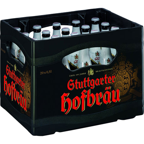 Schwarzer Kasten mit 20 Flaschen Stuttgarter Hofbräu Herrenpils 0,5L (Mehrweg), einem klassischen Pils von Stuttgarter Hofbräu, mit auffälligem rot-goldenem Branding an der Seite.