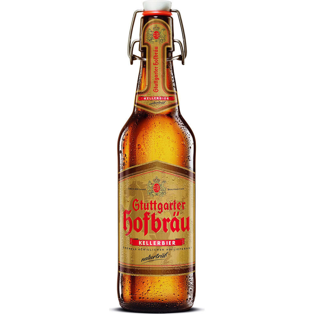 Die 0,5L Stuttgarter Hofbräu Kellerbier Bügelflasche (20er-Pack, Mehrweg) mit Bügelverschluss und Kondenswasser steht für schwäbische Brautradition und den erfrischenden Geschmack des naturtrüben Kellerbiers.