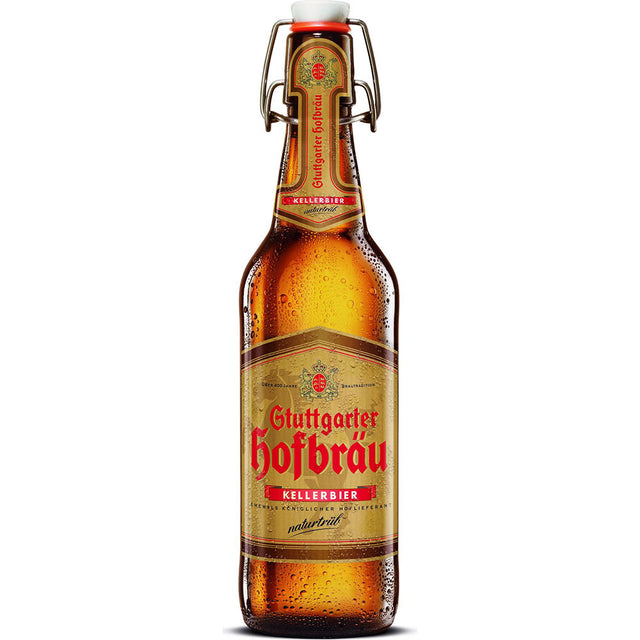 Die 0,5L Stuttgarter Hofbräu Kellerbier Bügelflasche (20er-Pack, Mehrweg) mit Bügelverschluss und Kondenswasser steht für schwäbische Brautradition und den erfrischenden Geschmack des naturtrüben Kellerbiers.