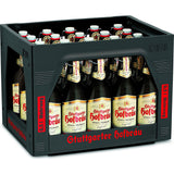 Eine Kiste Stuttgarter Hofbräu Premium Bügel 20x 0,5 Liter (MEHRWEG) Bierflaschen mit cremefarbenen Etiketten und roter Schrift, fein säuberlich in Reihen angeordnet.