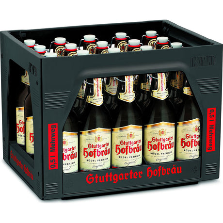 Eine Kiste Stuttgarter Hofbräu Premium Bügel 20x 0,5 Liter (MEHRWEG) Bierflaschen mit cremefarbenen Etiketten und roter Schrift, fein säuberlich in Reihen angeordnet.