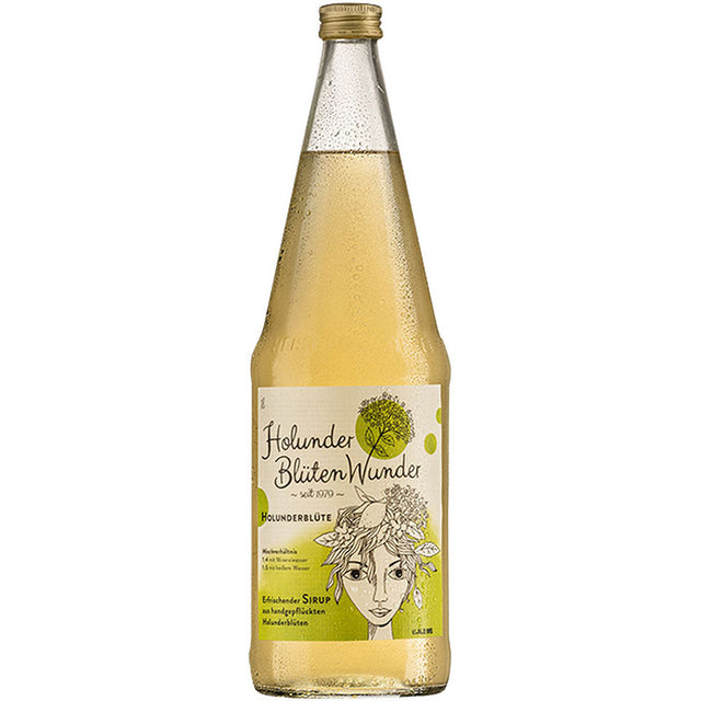 Eine Glasflasche HolunderBlütenWunder Sirup Holunderblüte 1L (MEHRWEG), hergestellt aus Bio-Holunderblüten, mit einem illustrierten Etikett und grünen Akzenten. Satz: 6 Flaschen. Marke: HolunderBlütenWunder.
