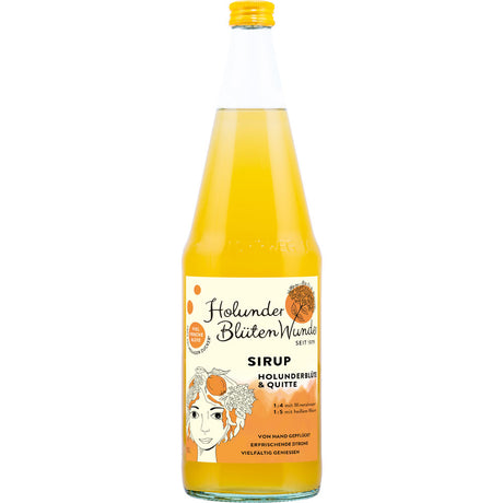HolunderBlütenWunder Sirup Holunderblüte & Quitte 6x1L (MEHRWEG) ist ein natürlich köstlicher Holunderblüten- und Quittensirup in der Glasflasche mit einem leuchtenden Etikett und weniger Zucker.