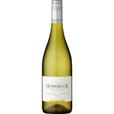 Eine gekühlte Flasche Domaine Horgelus Blanc Côtes de Gascogne IGP 2024 mit weißem Etikett und silbernem Schraubverschluss von Domaine Horgelus vor einem weißen Hintergrund.