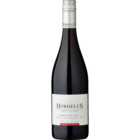 Eine Flasche Domaine Horgelus Rouge de Gala Côtes des Gascogne IGP 2024 von Domaine Horgelus mit weißem Etikett und silbernem Verschluss ist auf einem schlichten weißen Hintergrund abgebildet.