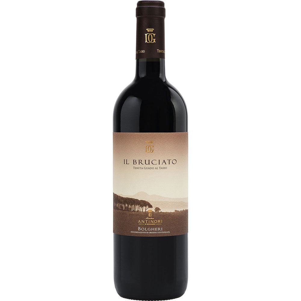 Eine Flasche Antinori Il Bruciato Bolgheri DOC 2022, ein italienischer Rotwein von Antinori mit einem braunen und hellbraunen Etikett.