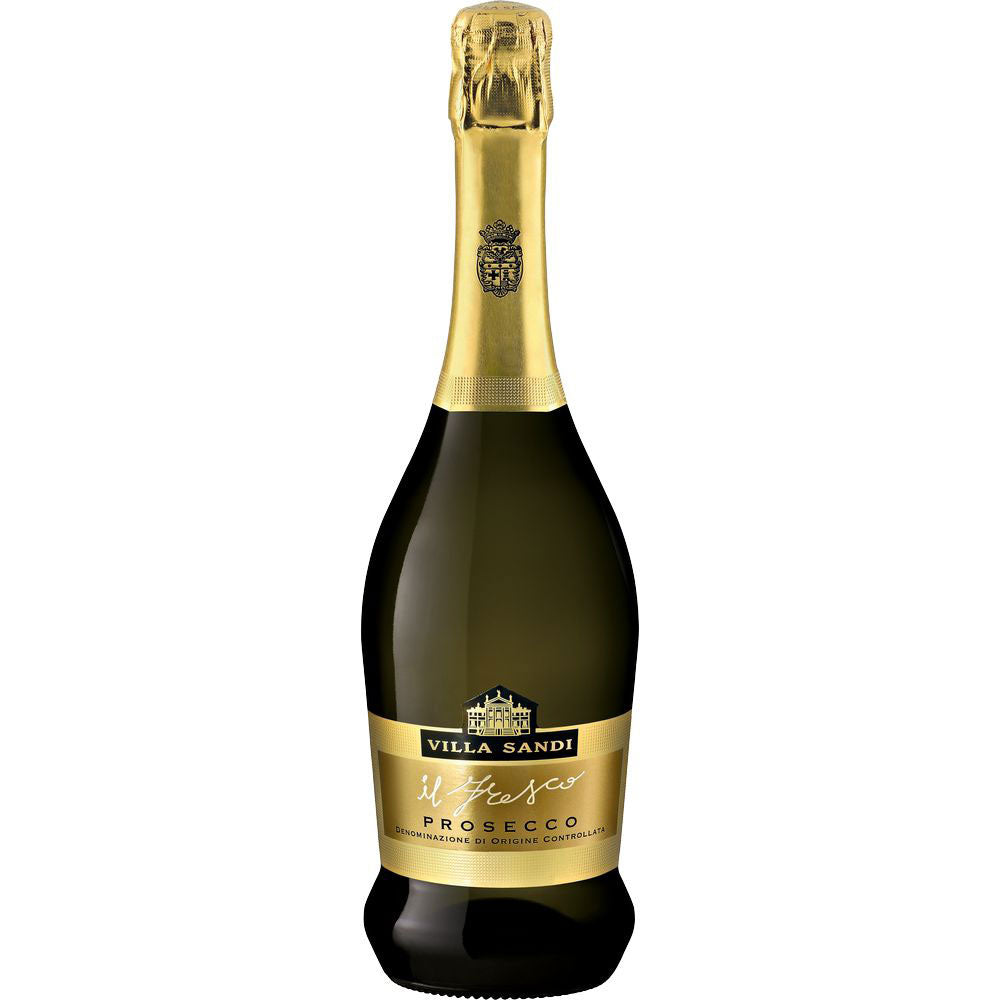 Eine 0,75-Liter-Flasche Villa Sandi Il Fresco Prosecco Spumante DOC Treviso mit goldenem Etikett und Halsfolie der bekannten Marke Villa Sandi.