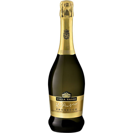 Eine 0,75-Liter-Flasche Villa Sandi Il Fresco Prosecco Spumante DOC Treviso mit goldenem Etikett und Halsfolie der bekannten Marke Villa Sandi.