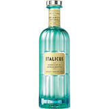 Eine türkisfarbene 0,7-Liter-Flasche Italicus Rosolio di Bergamotto (20%), ein italienischer Aperitif, elegant veredelt mit einem goldenen Etikett und Verschluss.
