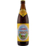 Eine braune Glasflasche Jacob Naturtrübes Weißbier 20x 0,5 Liter (MEHRWEG) von Jacob, mit gelbem Etikett und Kondenswasser.