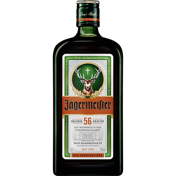 Eine 0,7-Liter-Flasche Jägermeister 35% mit dem klassischen grünen Etikett mit Hirsch und orangefarbenem Logo.