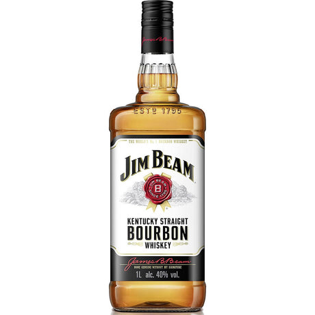 Eine 1-Liter-Flasche Jim Beam White Bourbon Whiskey 40% von Jim Beam, mit weißem Etikett und schwarzem Verschluss.