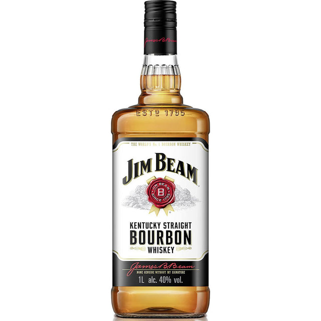 Eine 1-Liter-Flasche Jim Beam White Bourbon Whiskey 40% von Jim Beam, mit weißem Etikett und schwarzem Verschluss.