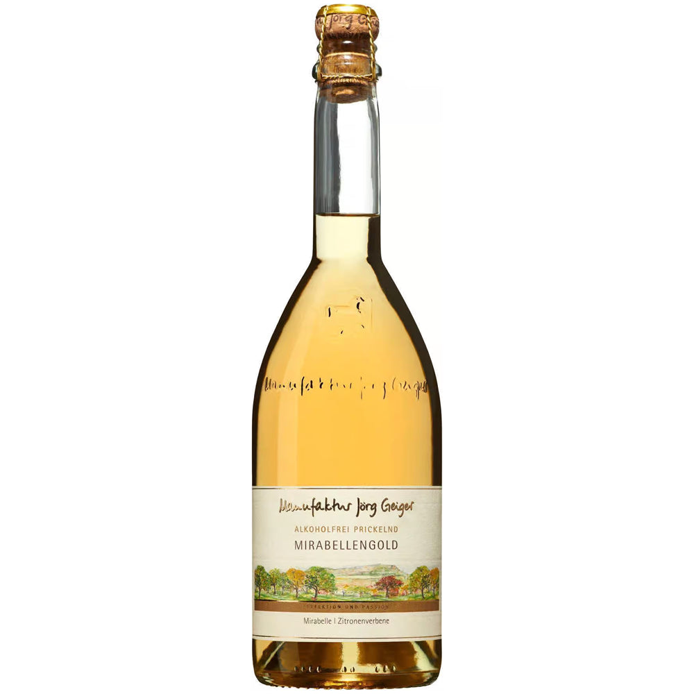 Eine 0,75-Liter-Flasche „Jörg Geiger Prisecco Mirabellengold alkoholfrei“ mit goldfoliertem Verschluss und illustriertem Etikett, hergestellt aus schwäbischen Mirabellen für ein raffiniertes alkoholfreies Prisecco-Erlebnis.