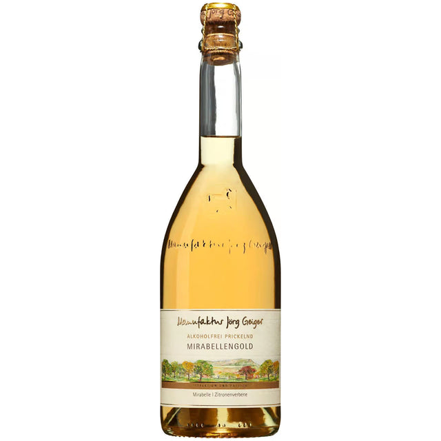 Eine 0,75-Liter-Flasche „Jörg Geiger Prisecco Mirabellengold alkoholfrei“ mit goldfoliertem Verschluss und illustriertem Etikett, hergestellt aus schwäbischen Mirabellen für ein raffiniertes alkoholfreies Prisecco-Erlebnis.