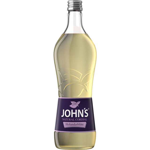 Eine klare 0,7L Flasche John's Natural Cordial Holunderblüte Sirup mit lila Etikett und silbernem Verschluss - perfekt als alkoholfreier Sirup-Mixer oder für die Zubereitung erfrischender Getränke.