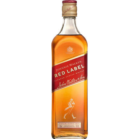 Eine 0,7-Liter-Flasche Johnnie Walker Red Label Blended Scotch Whisky (40%), die das ikonische rot-goldene Etikett der Marke zeigt.