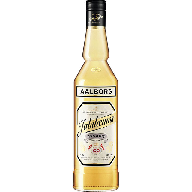 Aalborg Akvavit Jubiläums Aquavit 40% (0,7L) hat eine klare Spirituose und ein goldenes Etikett - ideal als eleganter Digestif.