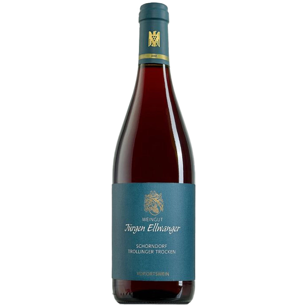 Eine Flasche Jürgen Ellwanger Schorndorfer Trollinger trocken 2024, ein ausgezeichneter VDP.Ortswein trocken, mit einem blaugrünen Etikett auf weißem Hintergrund.