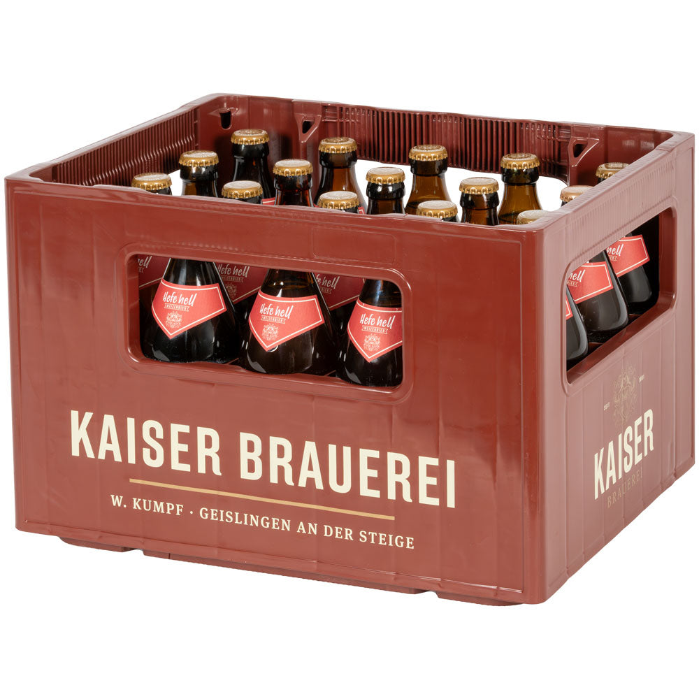 Eine Kiste Kaiser Brauerei Kaiser Hefe-Weizen Hell 20x 0,5L (MEHRWEG) Flaschen, die authentische schwäbische Brautradition widerspiegeln.