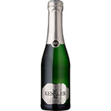 Eine grüne 0,2-Liter-Flasche KESSLER Sekt Kessler Brut mit silbernem Etikett und silberner Folie am Hals.