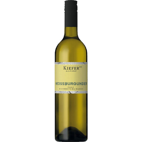 Eine Flasche Kiefer Weißburgunder Feinherb 2024 Weißwein von Kiefer mit hellgelbem Etikett und schwarzem Schraubverschluss.