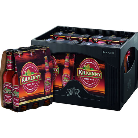 Kilkenny 4x6er 24 x 0,33L (Mehrweg) Kiste mit Kilkenny Irish Red Ale Flaschen, gebrandet von Kilkenny, mit roten und goldenen Etiketten.