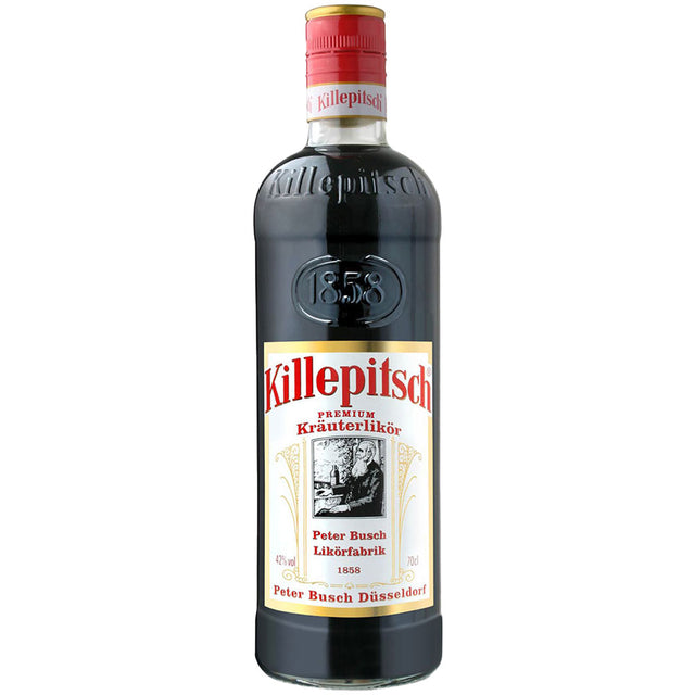 Eine 0,7L Flasche Killepitsch Kräuterlikör 42% von Killepitsch mit rotem Verschluss und weiß-rotem Etikett zelebriert Düsseldorfer Tradition.