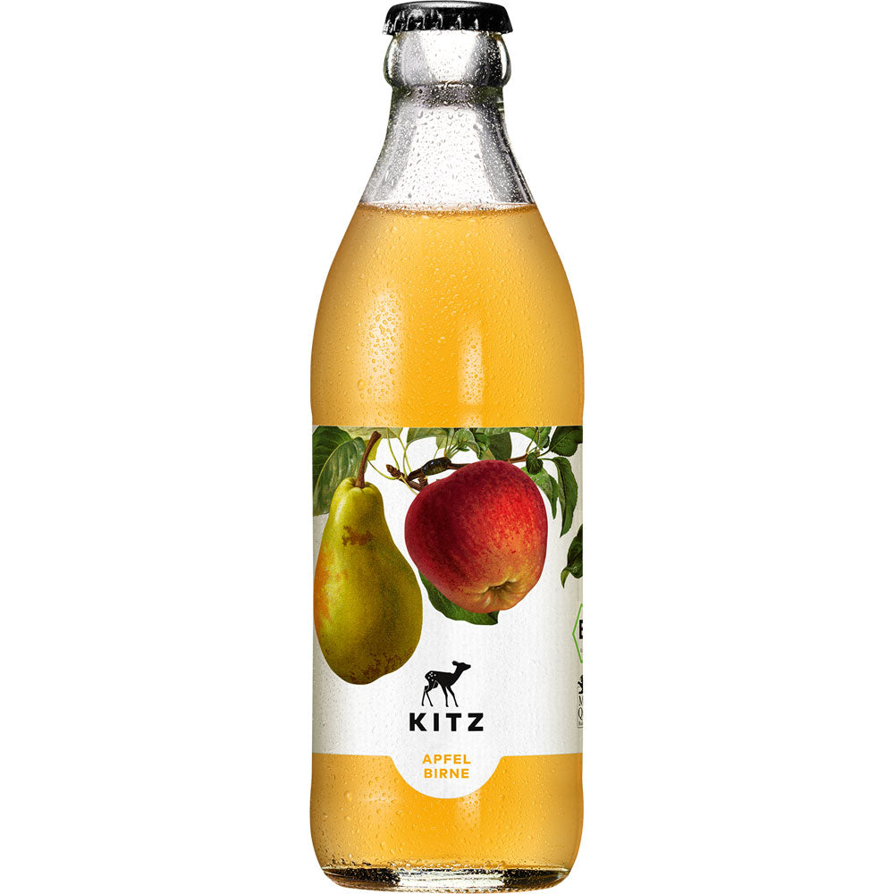 Die Kitz Apfel-Birnen-Schorle in der 0,33-L-Glasflasche mit Apfel- und Birnenmotiven auf dem Etikett - das erfrischende Bio-Obst Schorle Erfrischungsgetränk ist im 20er-Pack (MEHRWEG) von Kitz erhältlich.